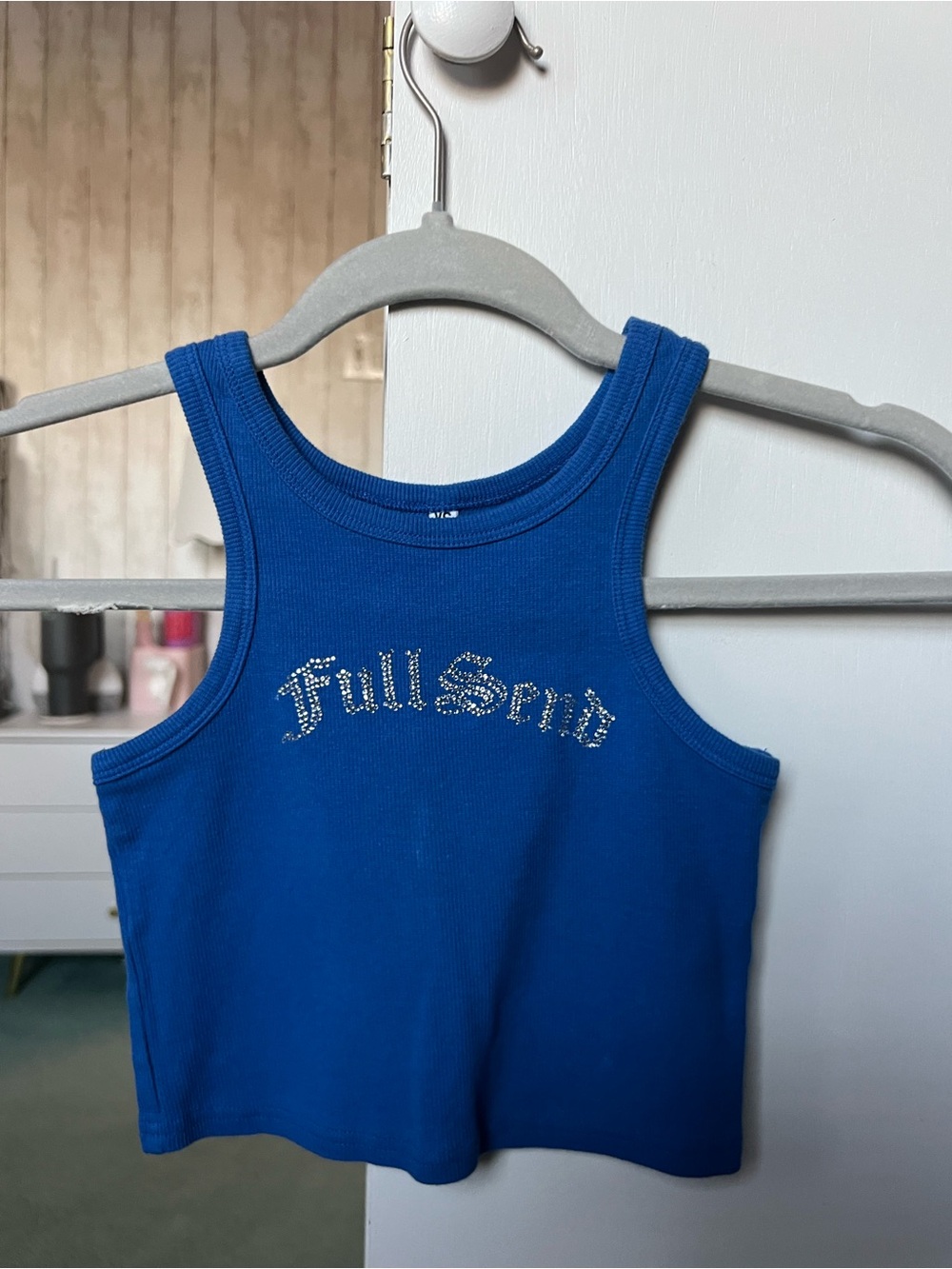Blue Rhinestone 'Full Send' Ribbed Tank Top